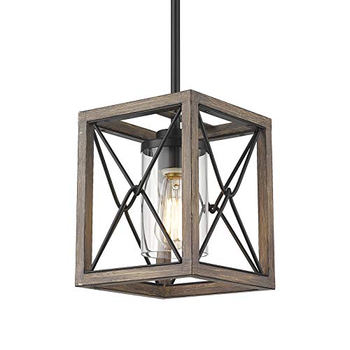 Femila Farmhouse Pendant Light, 1-Light Rustic Cage Hanging Light Fixture, Antique Wood Finish Finish, Clear Glass Lampshade, 4Fy42 M1L Wb #TOP21