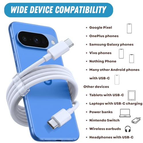 Image of AINE 45W USB Type C To C PD Charging Cable (White) | Compatible for Pixel 10 Pro XL /10 /10a /9 Pro /9a /8 Pro /8 /7 Pro /7 /7A /6 Pro /6 /6a /5, Laptop /Tablet | Original Superfast Charge