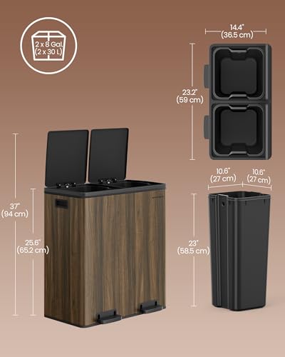 SONGMICS Trash Can, 2 x 8-Gallon Garbage Can for Kitchen, with 15 Trash Bags, 2 Compartments, Plastic Inner Buckets and Hinged Lids, Airtight, Dark Walnut ULTB060N02V1