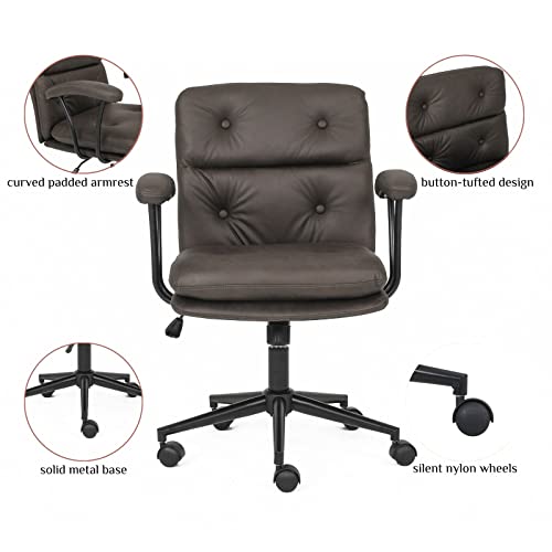 Home Office Desk Chairs Pu Leather Ergonomic Computer Chair Mid Back Executive Task Chair, Adjustable Rolling Swivel Vanity Chair Stool With Padded Armrest And Seat Cushion (Brown) #TOP2