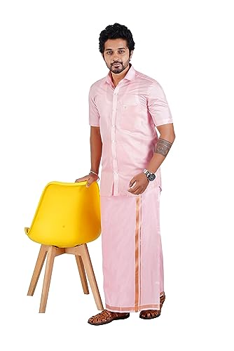 Image of PRAKASAM COTTON-Mens Art Silk Wedding Set /Art Silk 8 Mulam (8-Yard) Dhoti and Stitched Shirt for mens