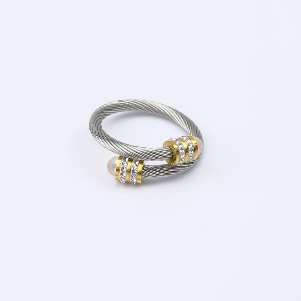 Twisted Cable Wire Rings for Women Stainless Steel Adjustable Ring Open Cuff Design Fits 70-90mm Fingers Cable Chain Cubic Zircon with Steel Balls - Image 3
