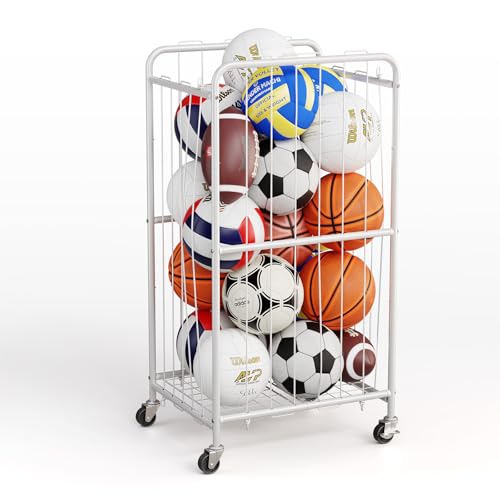 Olldide 210L 43-Inch Large Ball Storage Basket with Wheels, Rolling Cart Sports Equipment Garage Organizer with Elastic Rope for Easy Access, Holder For Basketball, Soccer, Volleyball, Football