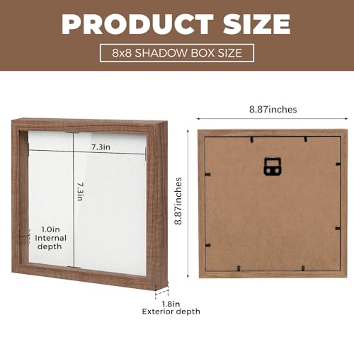 Image of Muzilife 8x8 Shadow Box Picture Frame with Linen Board - Deep Wood & Glass Display Rustic Case Ready to Hang Memorabilia, Pins, Awards, Medals, Wedding, Tickets, and Photos, Carbonized Small