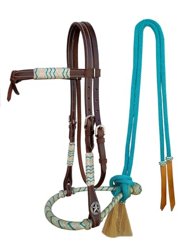 CHALLENGER Horse Western Knotted Bosal Rawhide Hanger Headstall w/Turquoise Braided Reins 78J04TR