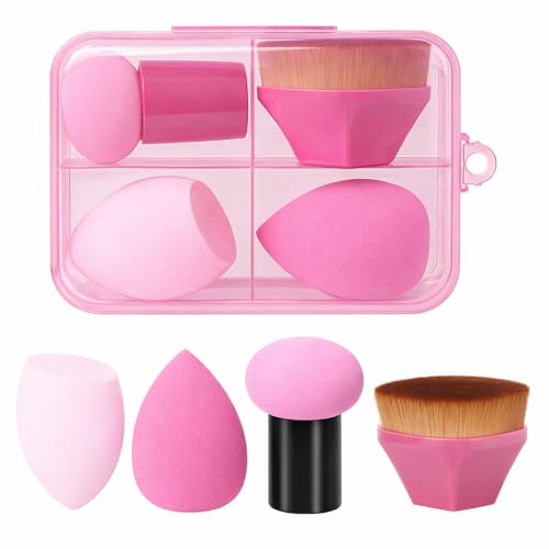 Kit Esponjas e Pincel Hexagonal para Maquiagem com ESTOJO – 1 Esponja Cogumelo/Pirulito, 1 Pincel Hexagonal, 2 Esponjas Gota – Profissional Para Base, Corretivo, Pó, Blush – Cores Sortidas
