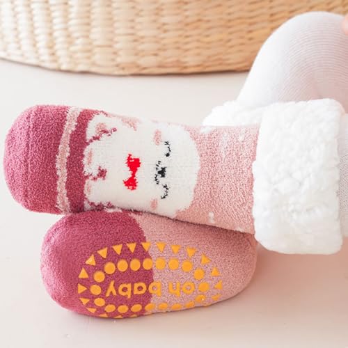 3 Pairs Warm Plush Baby Socks with Grips for Winter, 0-4 Year Cartoon Bear Bunny Thick Fleece Floor Socks Girls Boys3