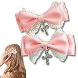 2点セット ヘアクリップ 十字架 リボン ちょう結び レース ヘアアクセ ヘアピン ロリータ ゴスロリ 発表会 ゆめかわいい 小さめ (ピンク（白レース）)