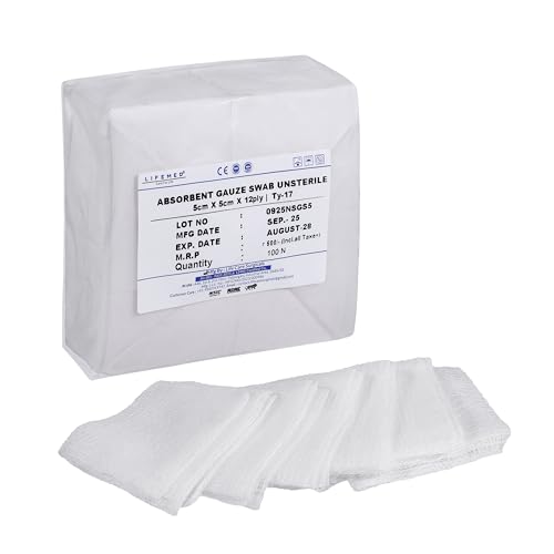 Image of LIFEMED Non-Sterile Gauze Swabs 5 x 5 cm, 12 Ply Cotton Medical Gauze Pads for Wound Dressing, Medical Use & First Aid (Pack of 100 Swabs)