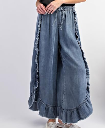 Apvirdy Womens Raw Hem Ruffled Wide Leg Jeans Casual Loose Elastic Waist Drawstring Flowy Palazzo Pants2