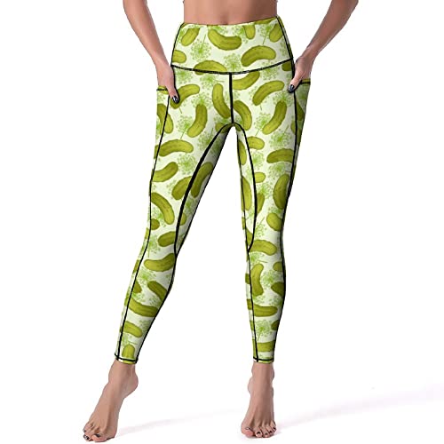 Miherbs Green Dill Pickles Women's High Waisted Yoga Leggings with Pockets Soft Tummy Control Workout Athletic Pants Running Yoga Pants