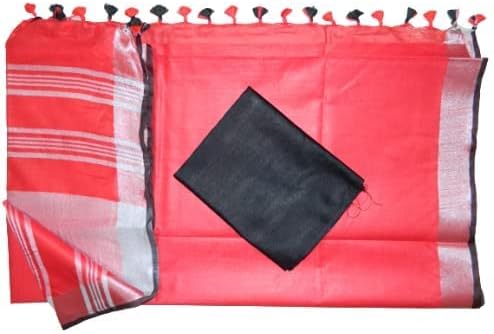 SheenKraft Bhagalpuri Handloom Linen Cotton Blend Saree with Contrast Unstitched Blouse Piece_Free Size_Variation Colors 11344-11376, Red-Black, One Size