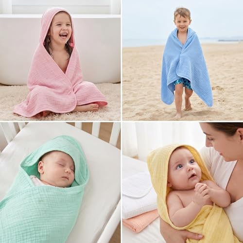 Image of Peryiter 6 Pcs Muslin Hooded Baby Towels, 32 inchx 32 inch Cotton Newborn Bath Towel Muslin Infant Baby Blankets Absorbent Unisex Newborn Registry Gift Essentials for Girls Boys (Light Color Series)