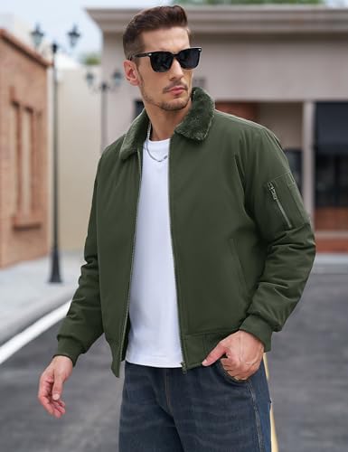 Image of TACVASEN Men's Fleece Jacket Full Zip Up Warm Bomber Jackets for Daily Wear | Winter thick jacket coat for men , fur collared bomber style with 4ple pockets for travel, outdoor walking