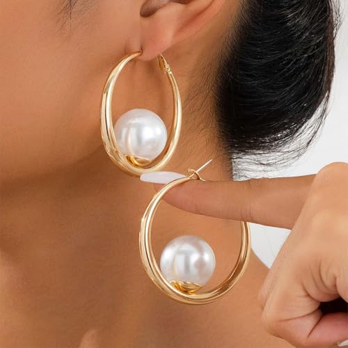 Chunky Gold Big Pearl Drop Dangle Hoop Earrings for Women Trendy, Dainty Large Pearls Thick Round Circle Dangly Earring Exquisite Party Jewelry Gifts3