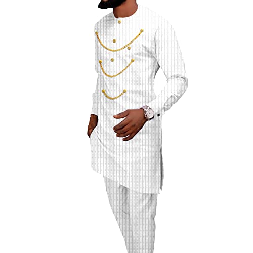 African Clothes for Men Three Chain Dashiki Coats and Ankara Pants 2 Piece Set Outfits for Wedding Evening