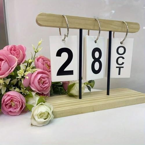 Calendário de Mesa Decorativo em Madeira, Base Dupla com Plaquinhas Removíveis, Design Moderno