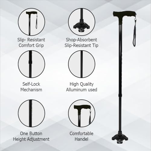 Image of Kossto Walking Stick with Adjustible Height, Mild-Steel Body, Light Weight for Men /Women, Patients, Old People (Black)