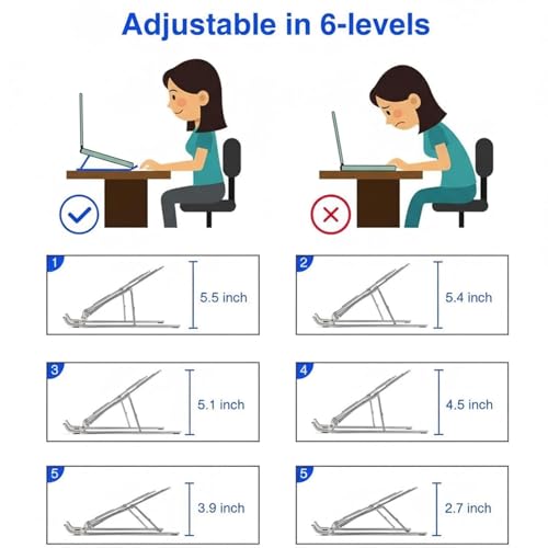 Image of 7 Angles Adjustable Aluminum Ergonomic Foldable Portable Tabletop Laptop Stand Riser Holder Compatible with HP, Dell, MacBook, Lenovo & All Other Notebook Silver