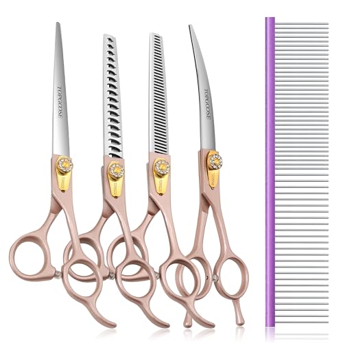 TOPGOOSE 7.5‘’ Professional Dog Grooming Scissors Set 440C Stainless Steel Straight Thinning Curved Chunker Shears 4PCS Set for Pet Grooming Services Dogs and Cats (Rose Gold, Set)