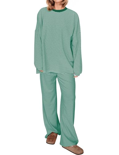 Image of MISSACTIVER Women's 2 Piece Striped Lounge Set Long Sleeve Oversized T-Shirt Wide Leg Pants Matching Pajamas Set