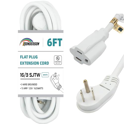 HONDERSON Flat Plug Indoor Extension Cord, UL Listed, 16 Gauge 6FT White 3 Prong Heavy Duty, 16/3 SJTW 13A Power Cord for Lights, Appliances, Home