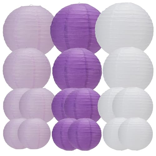 BESKIT Paper Lanterns 18 PCS Round Hanging Paper Lanterns Decorations for Wedding Baby Shower Birthday Party Anniversary Decorations (Purple/Light Purple/White)