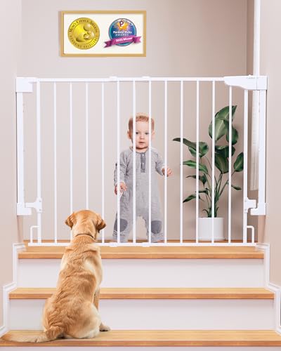 Cumbor 29.2–43" Baby Gate for Stairs, Wall-Mounted (Drill Required), Expandable No Bottom Bar Dog Gate, Auto Close Extra Wide Walk Thru, Pet & Toddler Proof Gate, Top & Bottom of Stairways (White)
