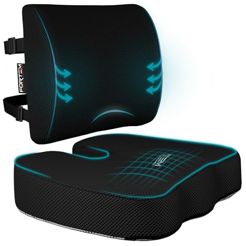 FORTEM Cuscino Sedia Ufficio, Cuscino Lombare Sedia Ufficio y Auto, Cuscino per Sedia da Scrivania, Cuscino Ergonomico in Memory Foam, Antiscivolo per Seduta e Schienale Gaming, Cuscino Cedile Auto