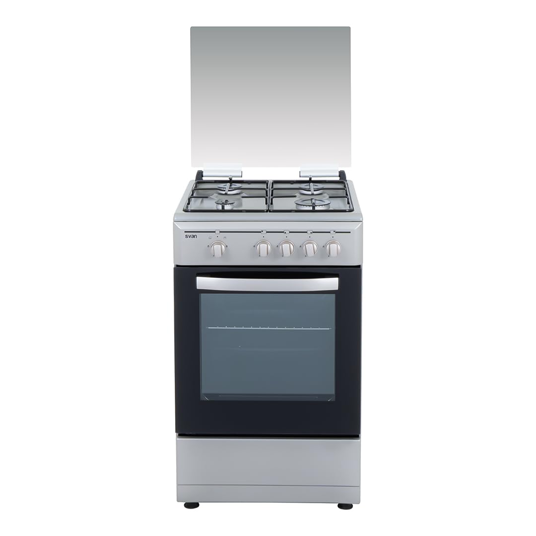 Svan Cuisinière Gaz Butane, Cuisinière Indépendante, 4 Zones de Cuisson, Four 43L, Inox, SKG4501X. Commande Manuelle, 2 Programmes de Cuisson, Porte Double Vitrage, Couvercle Abattant