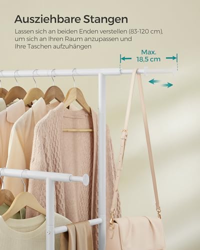 SONGMICS Kleiderständer auf Rollen, doppelte Stangen, ausziehbare Kleiderstangen, Garderobenständer aus Stahlrohren, bis 80 kg belastbar, 83-120 cm breit, wolkenweiß HSR133W01