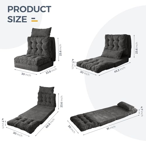 Image of MAXYOYO Folding Sofa Bed, Tufted Bean Bag Bed with Pillows Floor Couch for Adults, Extra Thick and Long Floor Sofa, Single Couch for Bedroom Living Room, Dark Grey, 30x91 Inch