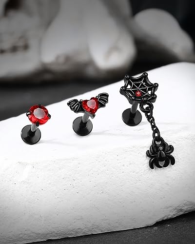 COCHARM 3Pcs Black Red Halloween Cartilage Stud Earrings Flat Back 16g Dangling Spider Web Helix Cartilage Piercing Jewelry Internally Threaded 16g 8mm Stainless Steel Ear Stud4