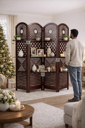 Image of Wooden Room Divider 6 Feet, 4-Panel Folding Wooden Partition for Living Room, Office, Pooja Room, Restaurant, Kitchen & Balcony (2W x 1.82H Meters). (Dark Brown)
