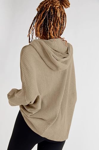 Image of Womens Fashion Zip Up Hoodies Oversized Waffle Knit Jacket Shirts Long Sleeve Solid Shacket Blouse with Pockets