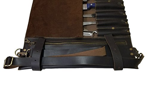 Lightweight Genuine Premium Dark Brown Leather Professional Chef Knife Bag/Chef Knife Roll With Buckles 10 Slots Space #TOP5