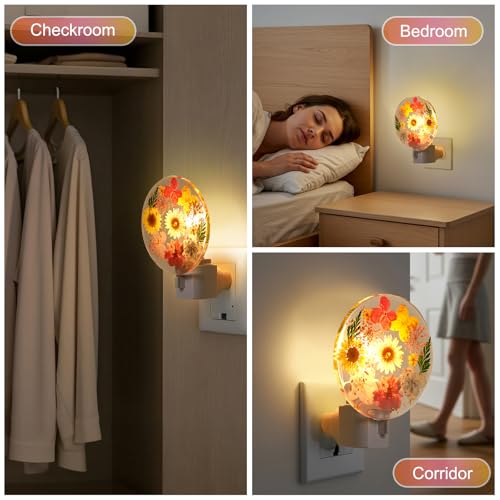 Image of Glooglitter Pressed Flower Night Light Plug in-Handmade Dried Floral Wall Night Light, Soft Glow Decorative Nightlight for Hallway Bedroom Nursery Bathroom, Vintage Botanical(Fresh Color,Flower)