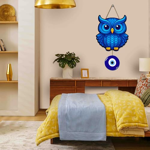 Image of Genxtra Blue Owl Wall Hanging with Evil Eye Charm | Wooden Home Decor for Positive Energy & Protection | Perfect Wall Art for Living Room, Bedroom, Office & Gift for Housewarming or Diwali