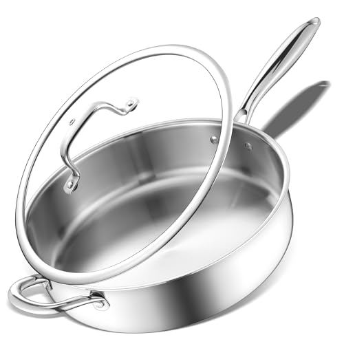 E-far 12 Inch Deep Frying Pan with Lid, 6 Quart Tri-Ply Stainless...