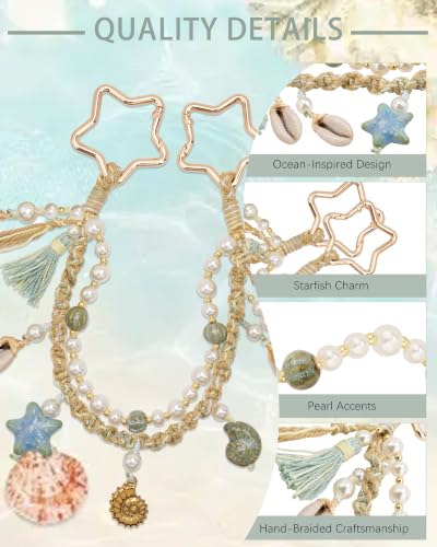 Image of Ocean Bag Charm, Pearl Braided Shell Keychain with Star Clasp