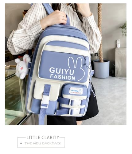 Cute backpack with accessories kawaii 5PCS Set Large Capacity Backpack (Blue five-piece set)4