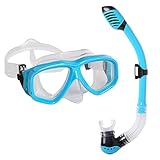 Snorkel Mask Set - KIDS Snorkeling Gear - Double Lens Diving Mask & Snorkel w/ Dry Top, Lower Purge Valve, Perfect for Diving, Snorkeling, Swimming -Ivation,Blue