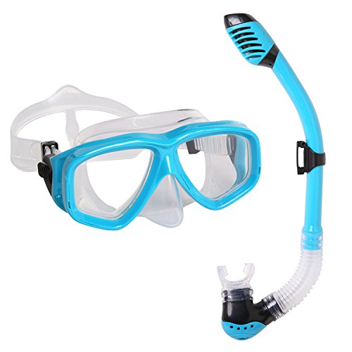 Snorkel Mask Set - KIDS Snorkeling Gear - Double Lens Diving Mask & Snorkel w/ Dry Top, Lower Purge Valve, Perfect for Diving, Snorkeling, Swimming -Ivation,Blue