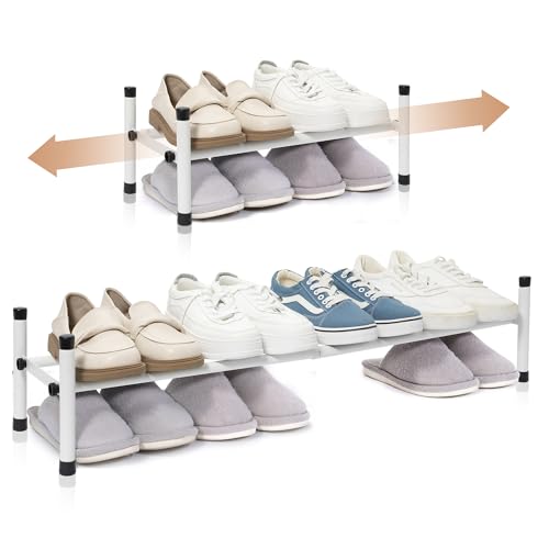 STORAGE MANIAC Expandable Shoe Rack, 4 Pairs Stackable Small Shoe Rack, Metal Adjustable Shoes Organizer for Closet, Entryway, Hallway, Garage, Front Door, Shoes Shelves, White 1 Tier