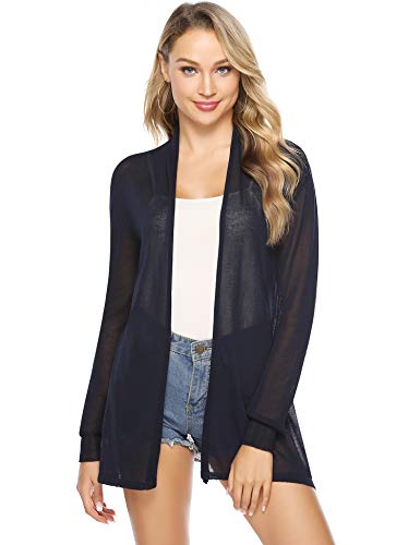 Abollria Damen Dünne Strickjacke Wasserfall Offener Lang Cardigan Leichte Luftige Jacke für Sommer,Navyblau,XXL