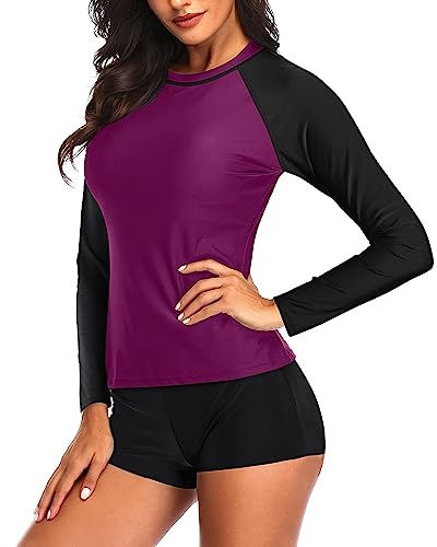 Image of Daci Women Two Piece Rash Guard Long Sleeve Swimsuits UV UPF 50+ Swim Shirt Bathing Suit with Boyshort Bottom