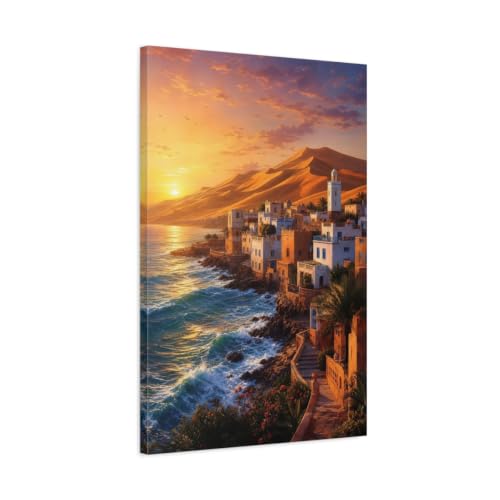 Image of Nature Coastal Town Orange And Blue Canvas Print Wall Art – Living Room Decor, Above Couch 20×30 inch (50×75 cm) - Vertical / 1.25 inch (3 cm)