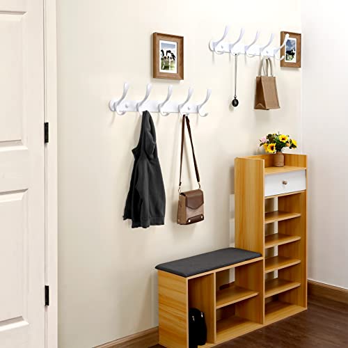 Skoloo Coat Rack Wall Mount - Modern, Metal Wall Coat Rack With 5 Hooks, Pack Of 2, Sturdy Wall Hook Rack Rail For Hanging Coat, Jacket, Clothes, Hat, White #TOP4