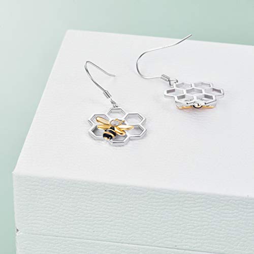 Image of LUHE Bee Earrings for Women 925 Sterling Silver Bumble Earrings with Honeycomb Honeybee Jewelry Dangle Gifts for Women