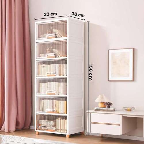 Image of BAMEOS ๐ ๐๐๐๐๐ Foldable Plastic Storage Cabinet with Transparent Flip Doors | Multipurpose Clothes Organizer Almirah Wardrobe for Clothes, Kitchen Cupboard | Plastic Storage Box - Beige